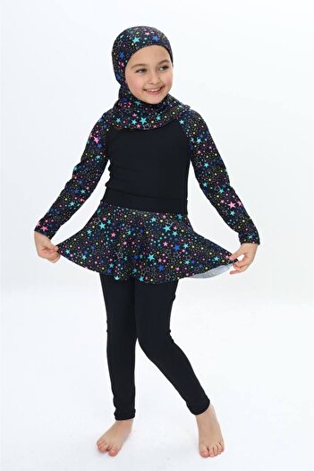 ZAYA Girl's Star Patterned Quick Drying 3 Piece, Hijab, Skirted Closed Swimsuit