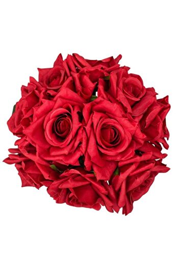 Nettenevime Yapay Çiçek Kırmızı Gül 10lu Demet Gelin Çiçeği Buketi Masa Üstü Vazo Çiçeği 25cm