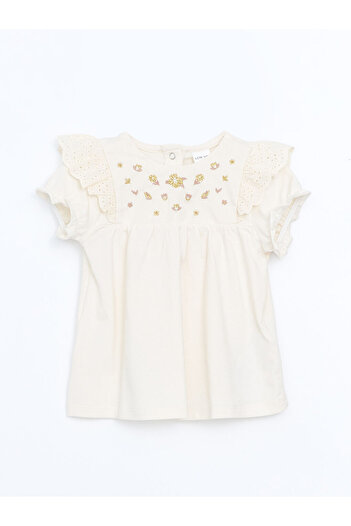 LC Waikiki Ecru Crew Neck Embroidered Baby Girl Blouse and Leggings 2-Piece