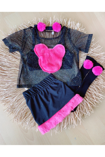 EBRU ÖZÖRGÜCÜ Girl's Pompom Glitter Tulle Blouse Skirt Crop Socks and Bandana Set