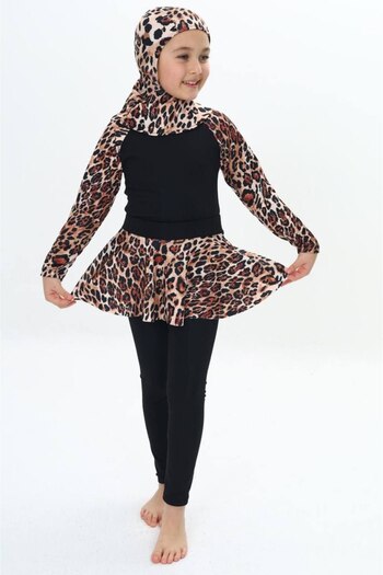 ZAYA Girl's Leopard Patterned Quick Drying 3 Piece, Hijab, Skirted Closed Swimsuit