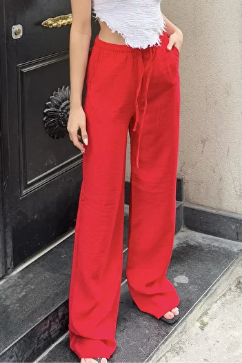 la & vetta Red Linen Blend Loose Cut Trousers