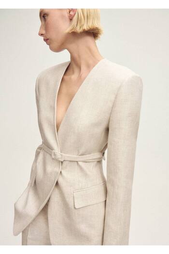 MANGO Woman Linen Blazer Jacket with Belt