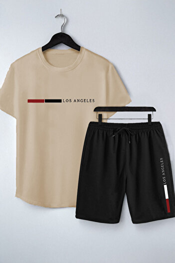 Moda Glo Men's Oversize White Los Angeles Printed Crew Neck Short Sleeve T-Shirt Shorts Set