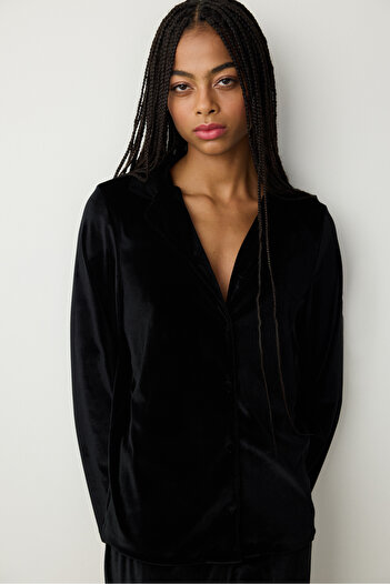 Penti Dark Velvet Black Shirt Pants Pajama Set