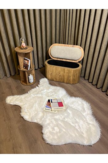 Aberteka Ricco Teddy Kumaş SütlüKahve Ahşap Puf Bench