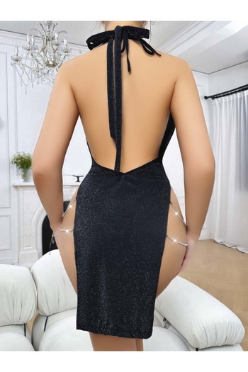 NİMSE LOVE Women's Black Sexy Stylish Fancy Dress with Chain Accessories