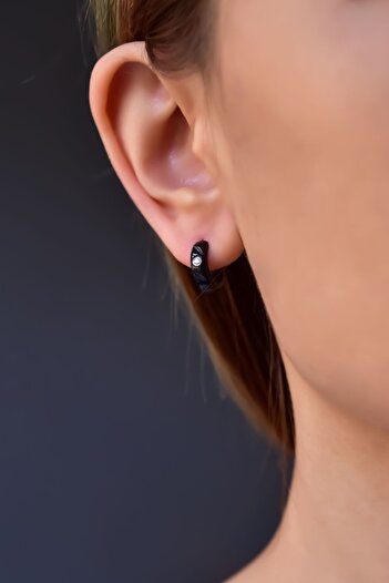 Papatya Silver Steel Black Jewelled Hoop Earrings