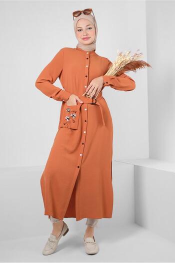 Alvina FLOWER EMBROIDERED BUTTONED BELTED LONG TUNIC 43732