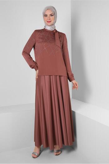 Alvina Pleated Skirt and Stone Detailed Satin Set - 43666