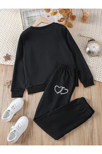 Mythologie Women's Black Heart Figure Bottom Top Tracksuit Set Oversize Crew Neck