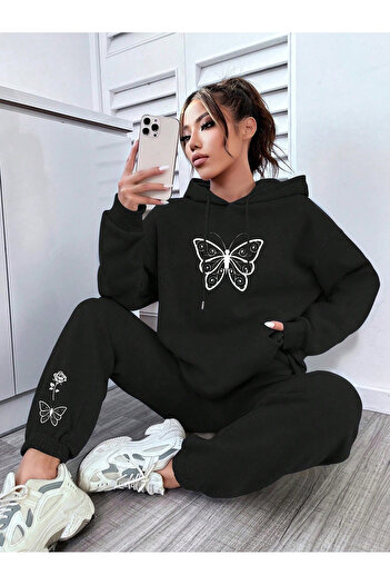 Mythologie Butterfly Rose Sweatshirt Sweatpants Jogger - Black Printed Tracksuit Set Hooded