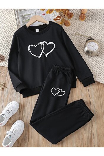 Mythologie Women's Black Heart Figure Bottom Top Tracksuit Set Oversize Crew Neck