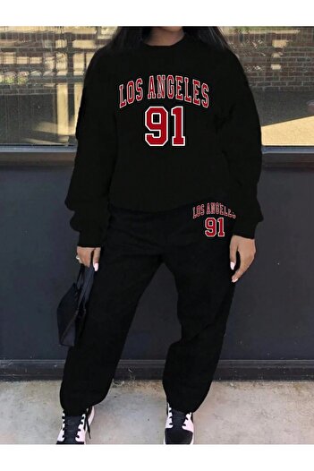 Mythologie 91 Los Angeles Sweatshirt Tracksuit Bottoms Jogger - Black Printed Bottom Top Tracksuit Set Crew Neck