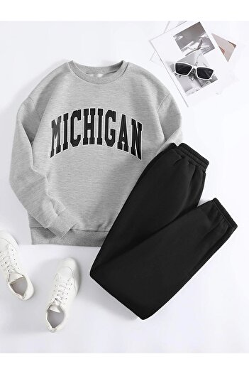Mythologie Michigan Black Jogger Gray Sweatshirt Bottom Top Tracksuit Set Oversize Crew Neck