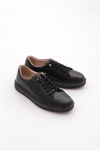 DGN Women's Lace-Up Flat Sole Sneaker Shoes Genuine Leather Black 26752623