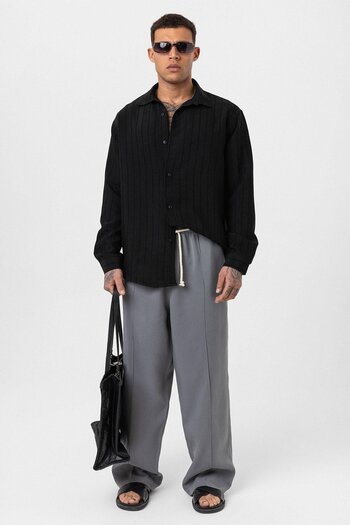 VAMOSCLO Belt Detailed Baggy Lyocell Trousers Gray