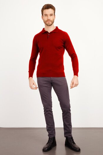 Desen Triko Men's Basic Polo Neck Slim Knit Sweater Dark Red