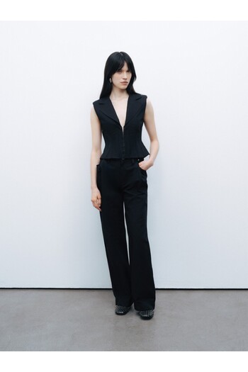 Nocturne Women's Notch Collar Sleeveless Waist Pleat Detailed Black Trousers N25Yn3371-Black