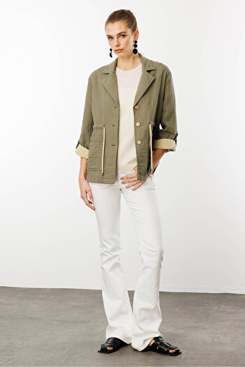 Desen Triko Women's Tied Waist 100% Cotton Jacket Khaki