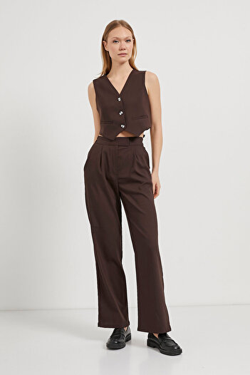 Arma Life Women's Loose Wide Leg Velcro Closure Brown Palazzo Trousers