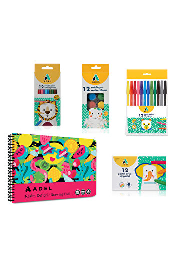 Adel 4’lü Set,Resim Defteri 25x35,Kuru Boya,Keçeli Kalem,Pastel Boya,Suluboya(Karma Renk Gönderilir)