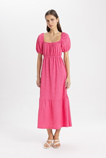 DeFacto Square Collar Basic Plain Wrinkle Short Sleeve Midi Pink Dress A6201Ax24Sm