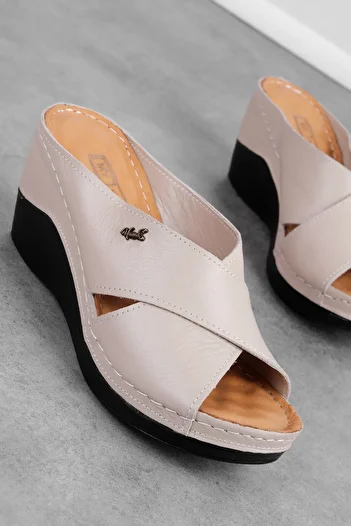Lal Shoes & Bags Women's Genuine Leather Cross Strap Detailed Wedge Heeled Slippers-Beige