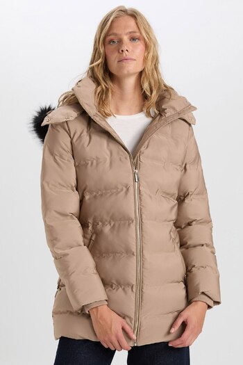 DeFacto Thermal Insulated Water Repellent Long Coat - Belt Hood, Faux Fur, Lightweight A1218Ax24Wn