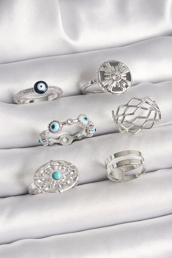 Skygo Brass Silver Color Evil Eye Bead Zircon Stone Detailed Wave Figure Women's Ring Combination - Tj-Byk3653