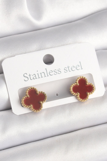 SeyCey.co Brass Gold Color Claret Red Clover Model Women's Earrings