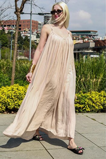 Madmext Beige Long Basic Women's Dress - Crew Neck, Strap MG2163