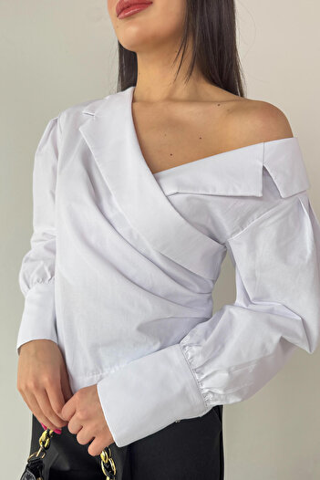 Cappmoda Gml-0317 White Cross Tie Double Sleeve Double Breasted Collar Crop Shirt