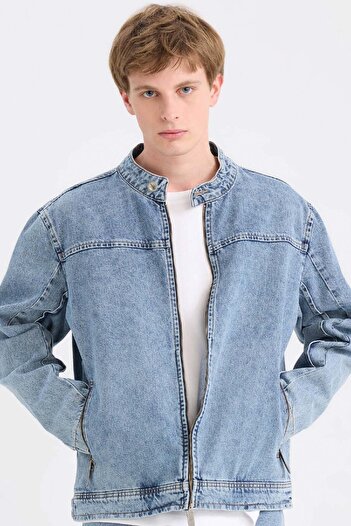 DeFacto 100% Cotton College Collar Zippered Pocket Denim Jacket D0420Ax24Au