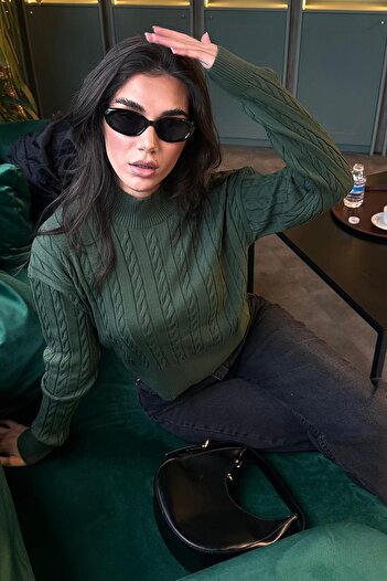 Madmext Green Half Turtleneck Braided Knitwear Women's Sweater Mg2257