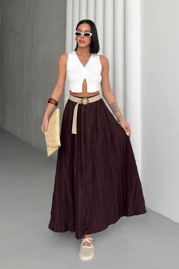 Bipantolon Women's Burgundy Crush Effect Long Flared Skirt