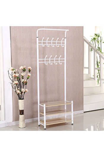 Generic Metal Clothes Hanger Organizer and Clothes Rack with Hooks and 3 Shoe Racks | White 190x66x30 cm