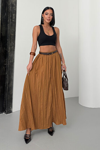 Bipantolon Women's Camel Crush Effect Long Flared Skirt