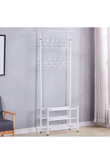 Generic Metal Clothes Hanger Organizer and Clothes Rack with Hooks and 3 Shoe Racks | White 190x66x30 cm