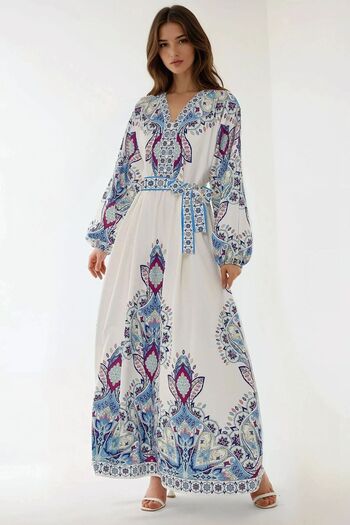 Hiccup Printed V-Neck Belted Modest Dress