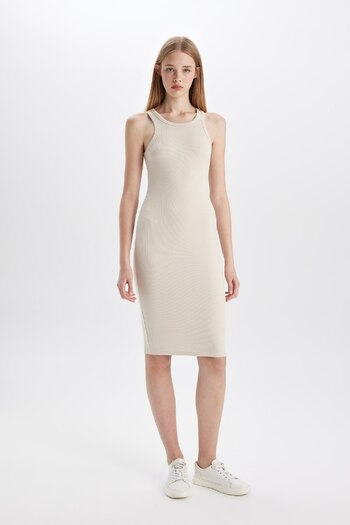 DeFacto Halter Neck Ribbed Midi Dress - Sleeveless, Bodycon, Camisole U8106AZ24SM