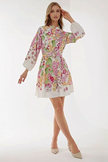 Hiccup Printed Long Sleeve Belted Mini Dress