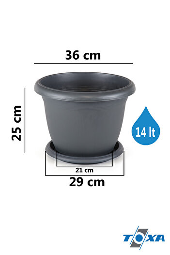 ToXA 14 litre Ø36x25 cm Yuvarlak Büyük Boy Mat Plastik Saksı Villa No8 Tabaklı Antrasit Gri