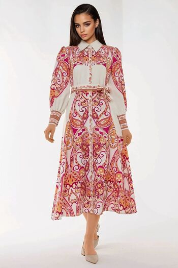Hiccup Printed Long Sleeve Belted Maxi Dress