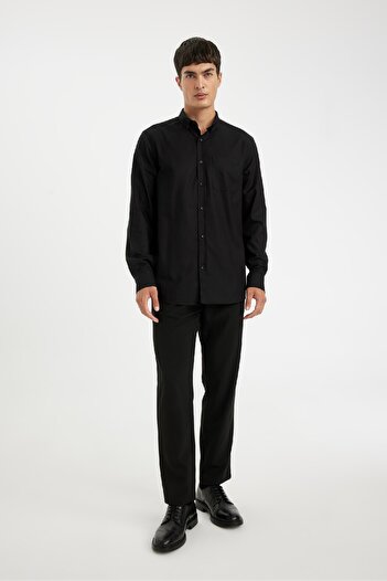 DeFacto Regular Fit Oxford Pocket Detail Long Sleeve Basic Plain Black Shirt 3148021