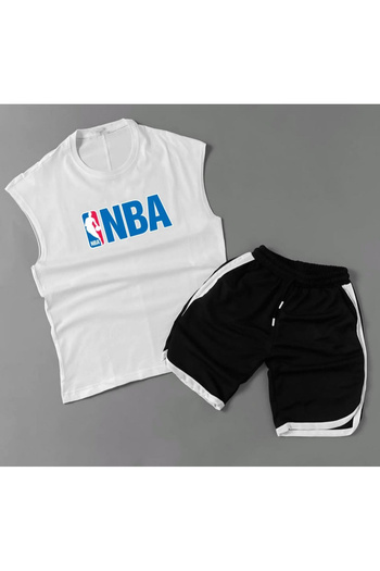 NewCabin Black Design Printed Oversize Bottom Top Shorts Set - Athlete Sleeveless T-Shirt and Shorts Set Summer 2 Piece