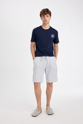 DeFacto Crew Neck Print Pajamas Set - Short Sleeve, Elastic Waist, Basic Top and Solid Shorts D0935Ax24Au