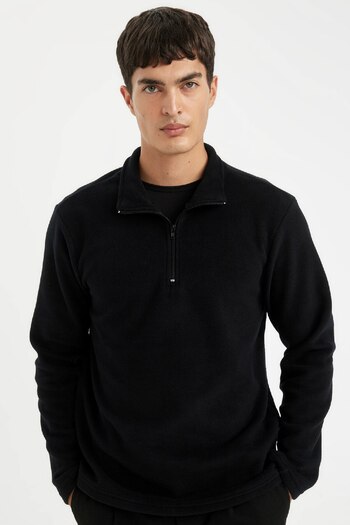 DeFacto Schwarzes Fleece-Sweatshirt mit Reißverschluss – pillingfrei, kältebeständig, normale Passform, Stehkragen Y3996azns