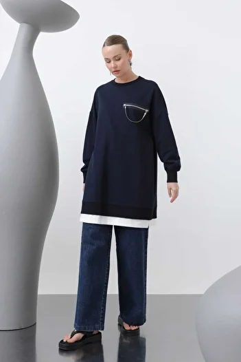 Puane Women's Two Thread Pocket Part Chain Detailed Dark Blue Tunic 10620