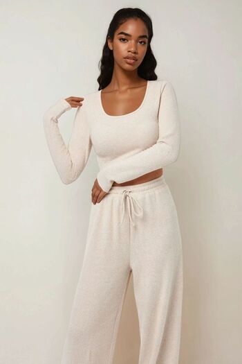 Hiccup Yumoş Long Sleeve Basic Top & Wide Leg Elastic Waist Trousers Two-Piece Comfortable Set